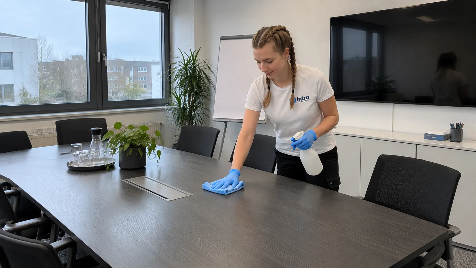 Mitarbeiterin der Büroreinigung desinfiziert den Besprechungstisch in einem Büro in Soest