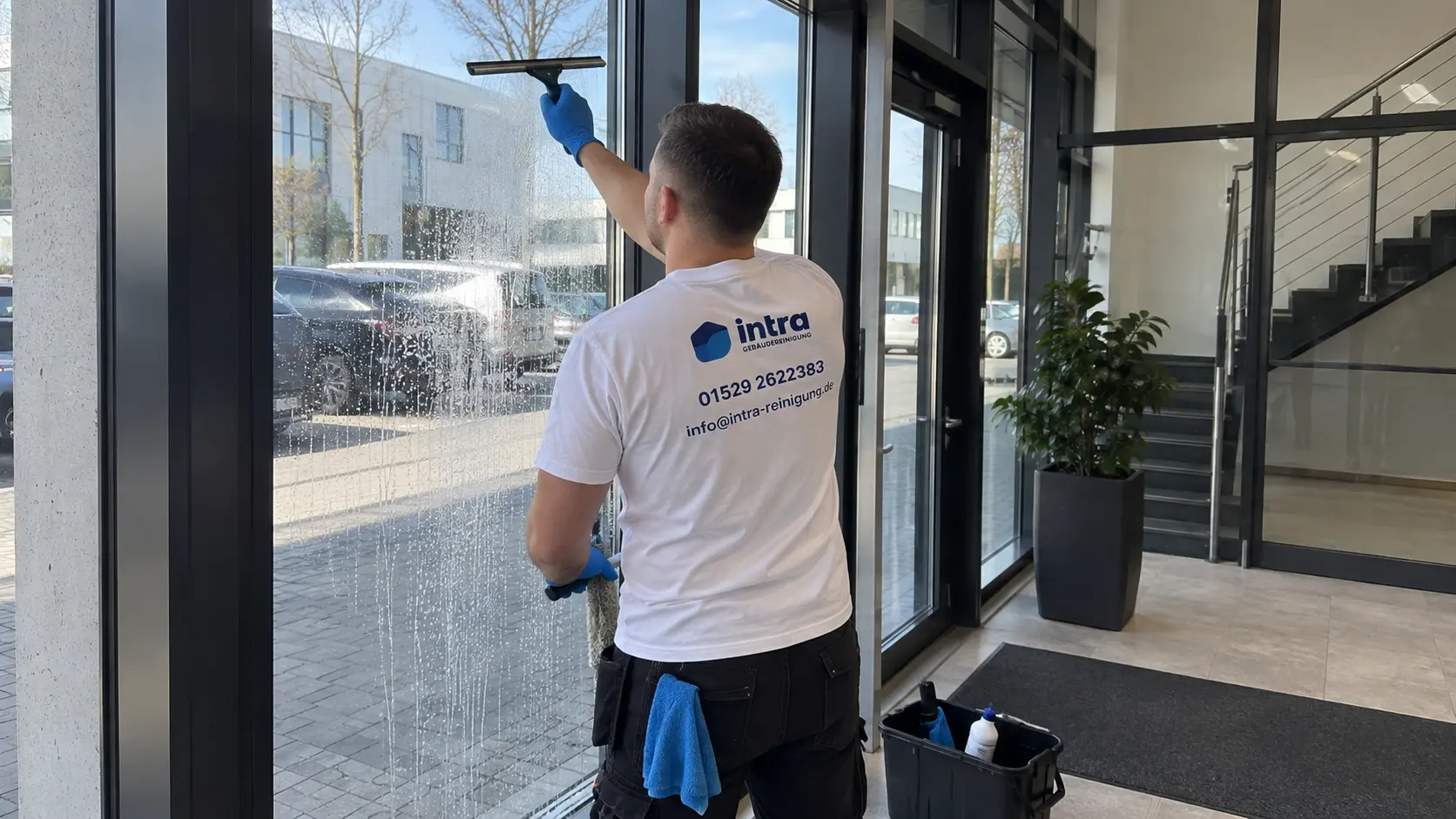 Mitarbeiter reinigt die Glaseingangstür eines Gewerbegebäudes in Soest