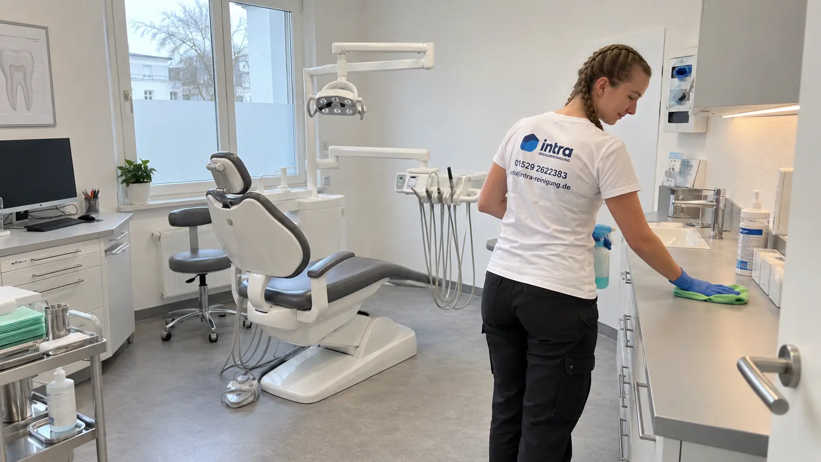 Wischdesinfektion der Arbeitsfläche in einer Zahnarztpraxis in Soest