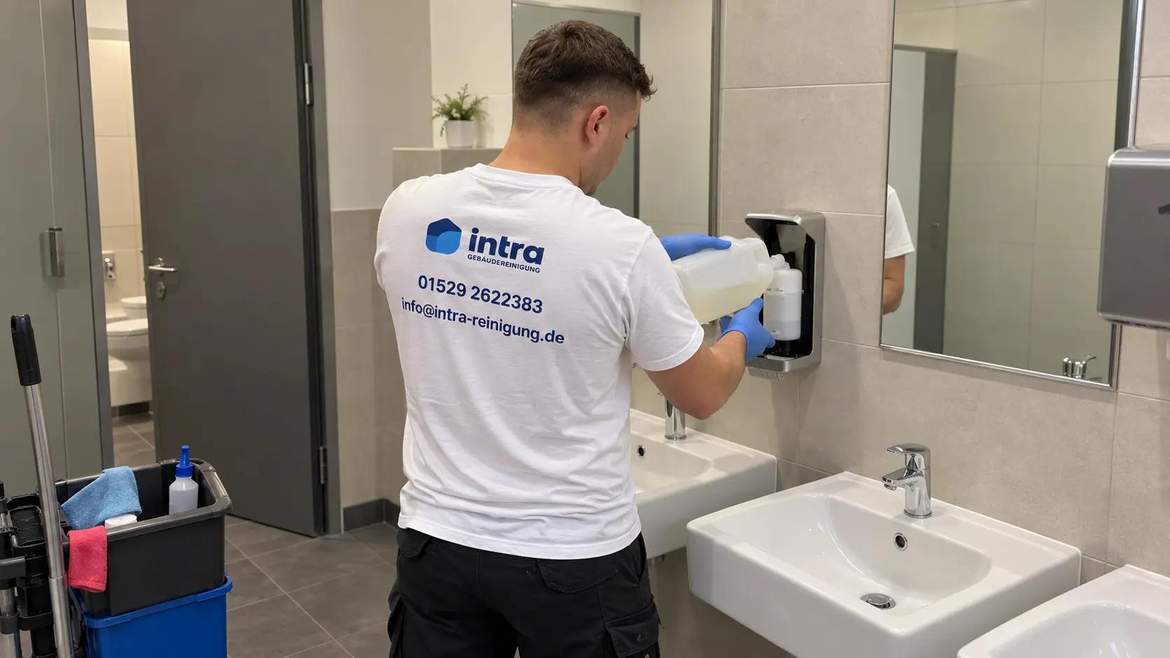 Mitarbeiter füllt den Seifenspender in einer Sanitäranlage in Soest auf