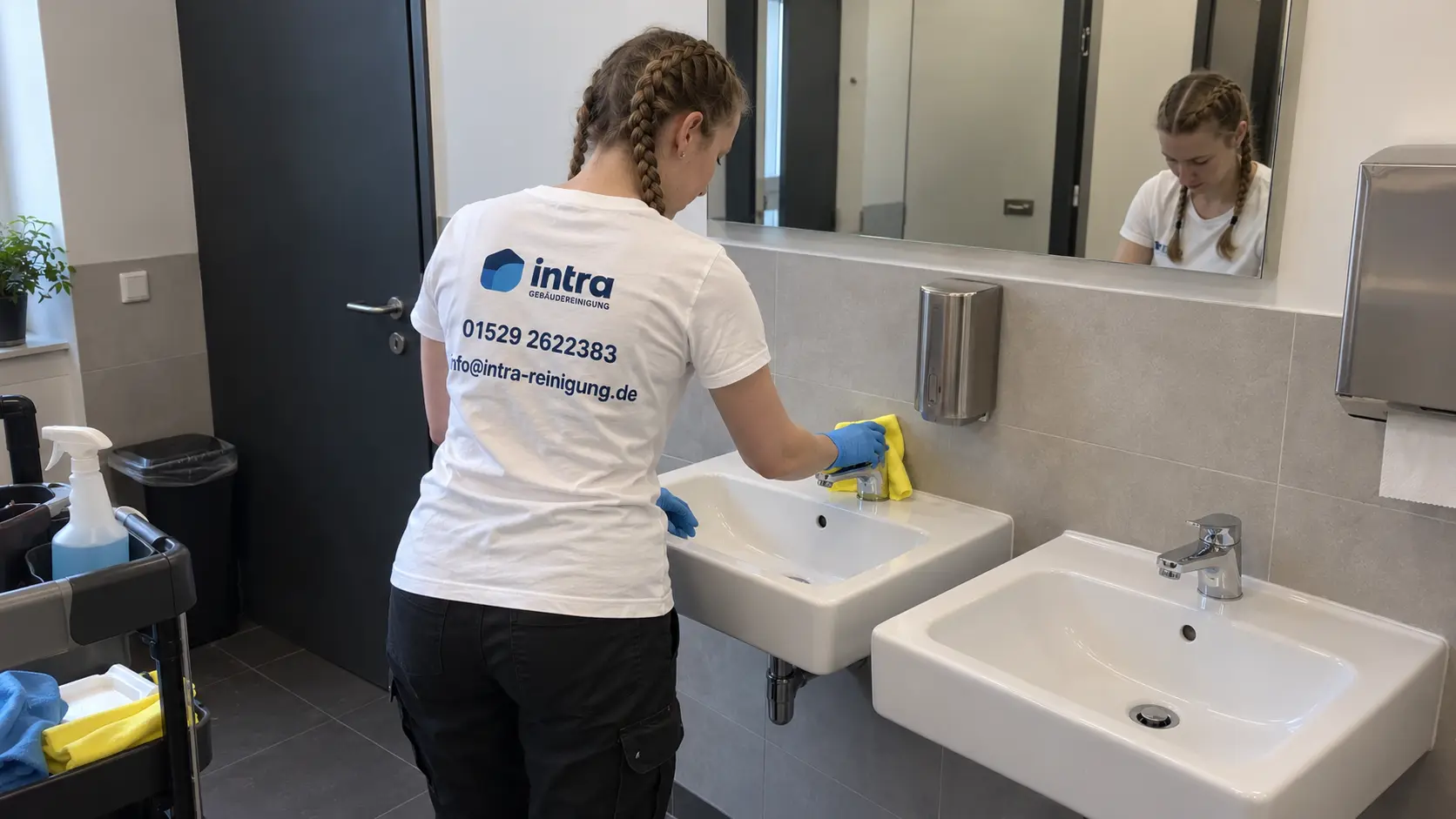 Mitarbeiterin reinigt das Waschbecken einer Sanitäranlage bei der Büroreinigung in Soest